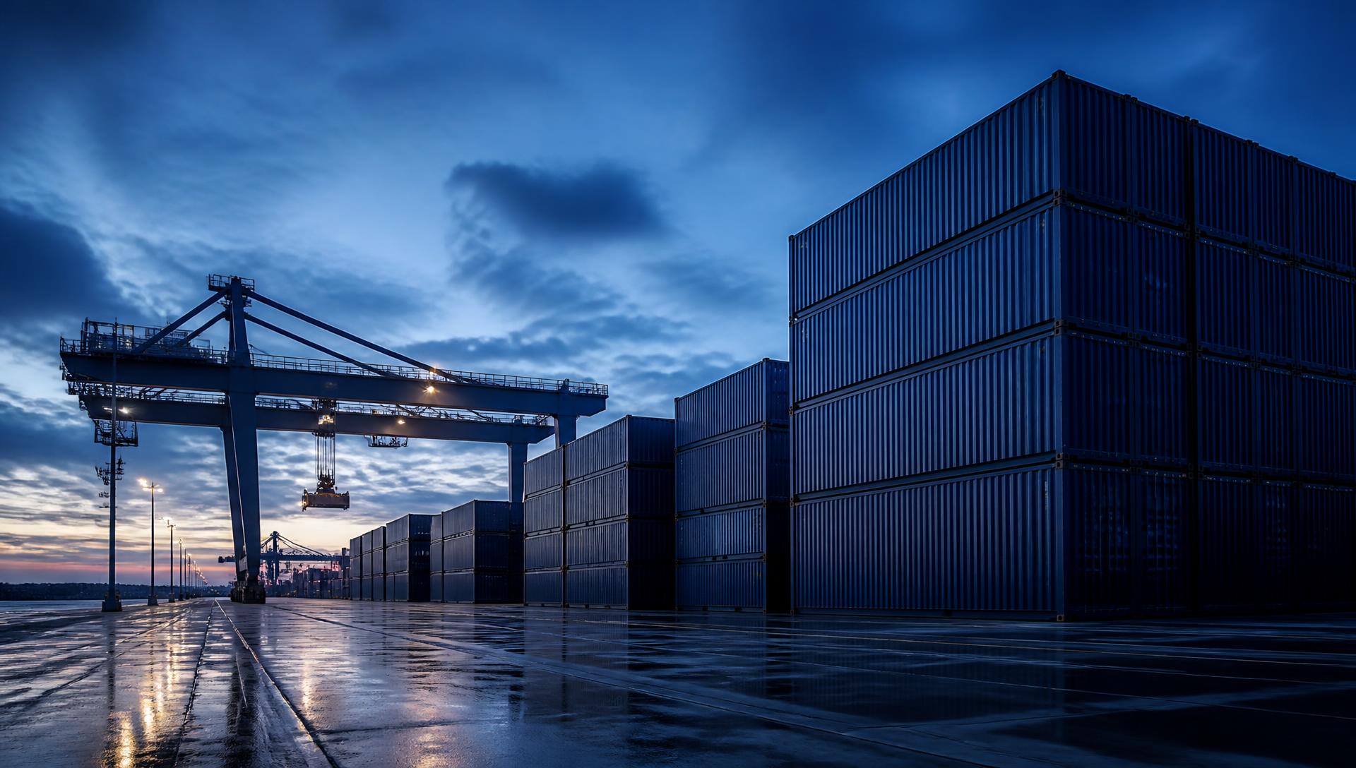Containerterminal met kraan tijdens het blauwe uur